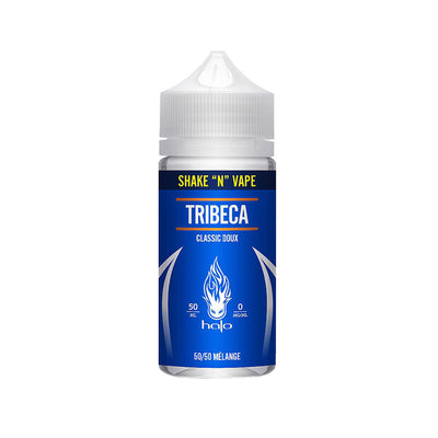 E-liquide Tribeca 50 ml - Halo. E-liquide Tribeca avec flacon transparent et étiquette bleue