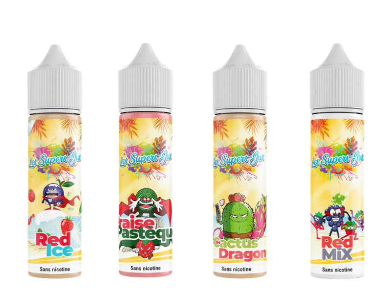 4 Supers Jus 50 ml. 4 Supers Jus flacons alignés avec illustrations cartoon colorées de fruits sur fond jaune
