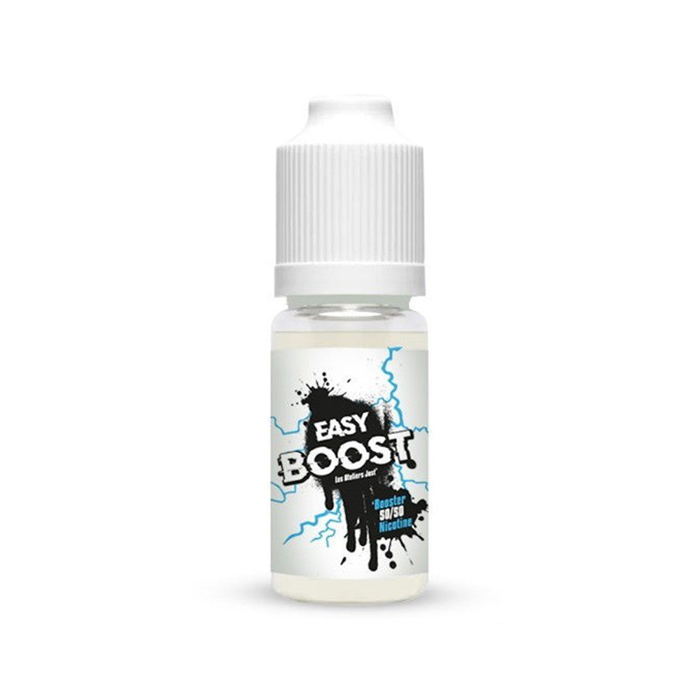 Booster de Nicotine flacon plastique blanc avec étiquette blanche et design noir et bleu