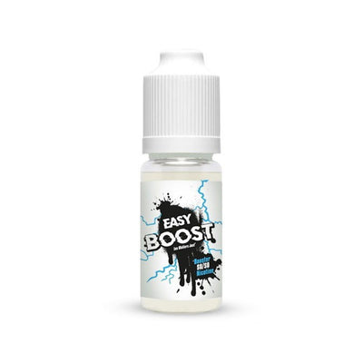 Booster de Nicotine flacon plastique blanc avec étiquette blanche et design noir et bleu