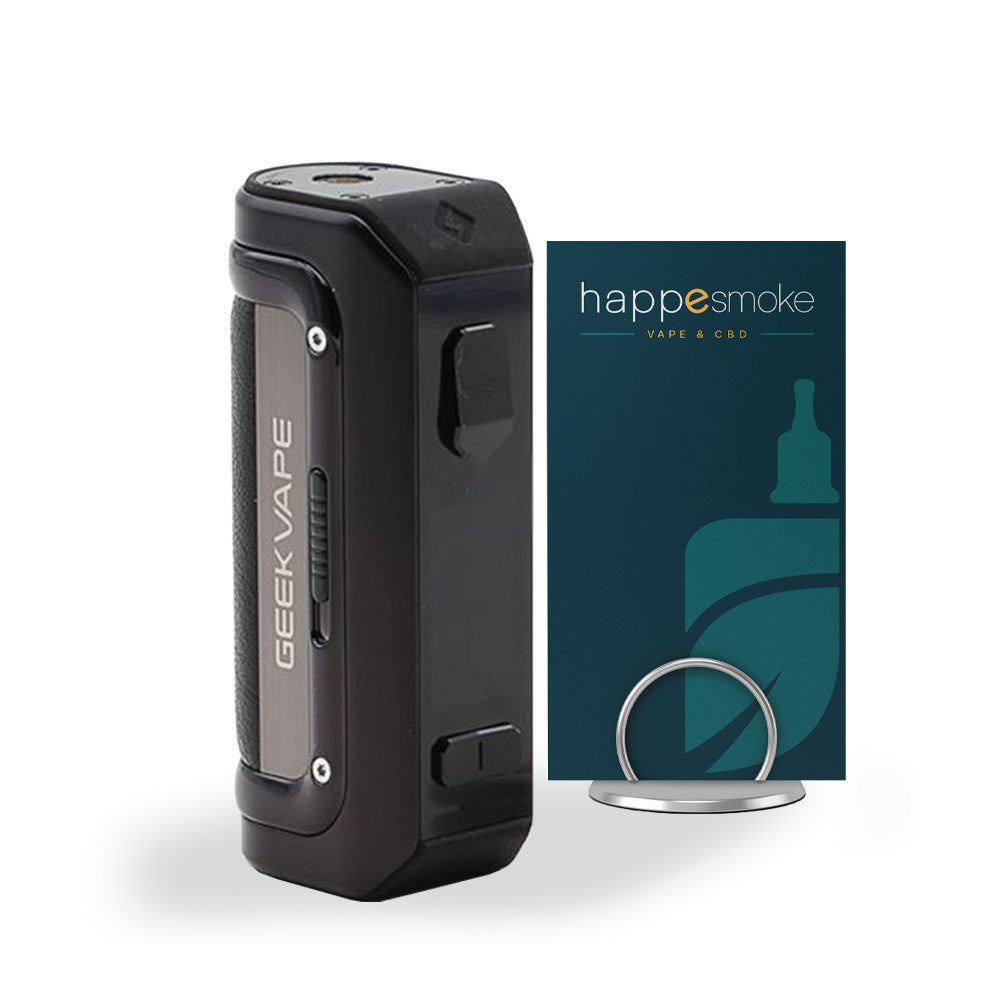 Box Aegis Mini 100W- GeekVape. Box Aegis Mini 100W GeekVape noire avec surface texturée et écran rectangulaire