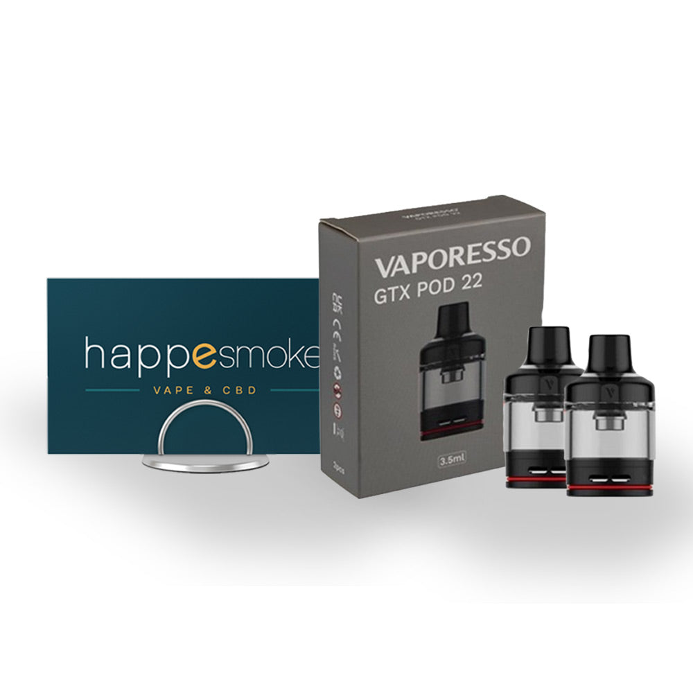 Cartouches GTX 3, 5 ml - Vaporesso. Cartouches GTX 3, 5 ml avec boîte grise et deux pods transparents à embout noir