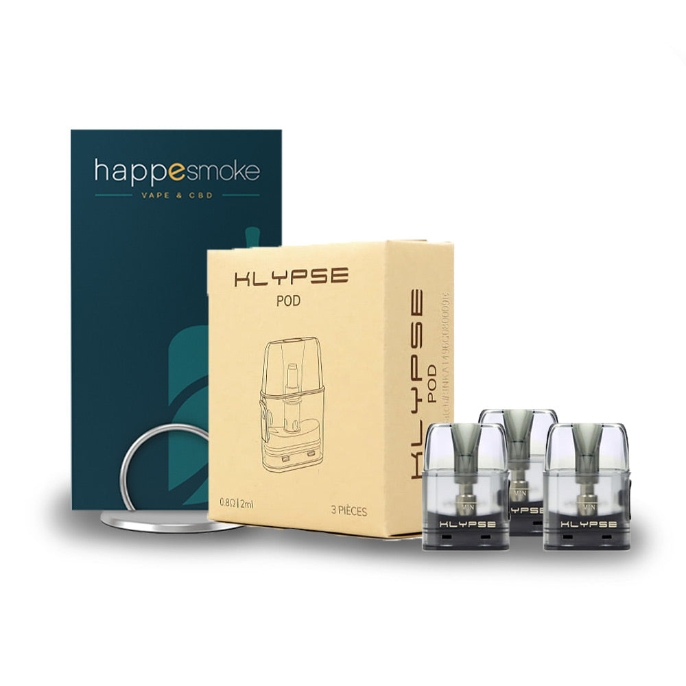 Cartouches Klypse - Innokin. Cartouches Klypse boîte beige avec trois pods transparents posés à côté