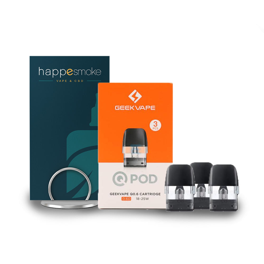 Cartouches Q 3 ml - GeekVape. Cartouches Q 3 ml GeekVape, boite orange et trois cartouches transparentes avec embouts noirs