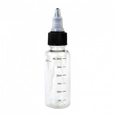 Flacon Multimarque neutre en plastique transparent avec bouchon noir et graduation jusqu'à 30 ml