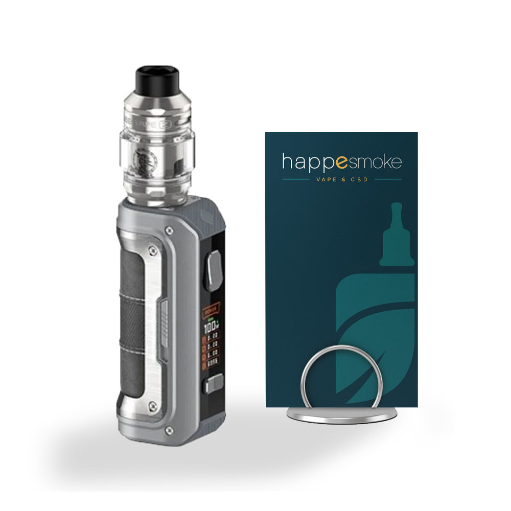 Kit Aegis Max 100 - GeekVape. Kit Aegis Max 100 vape box métallique grise avec écran et clearomiseur transparent