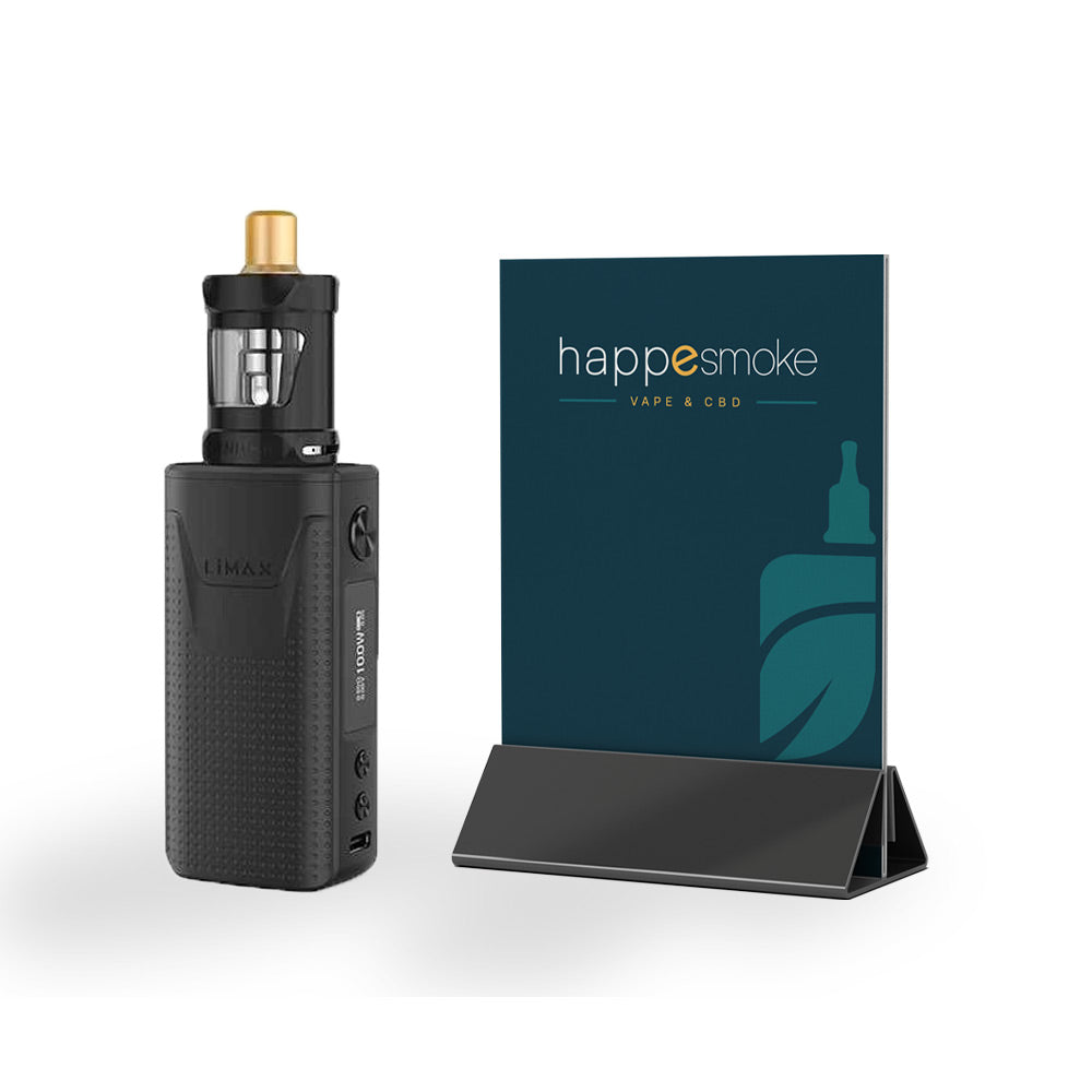 Kit Limax - Innokin. Kit Limax avec corps noir, écran et embout doré à côté d'un support bleu avec logo HappeSmoke