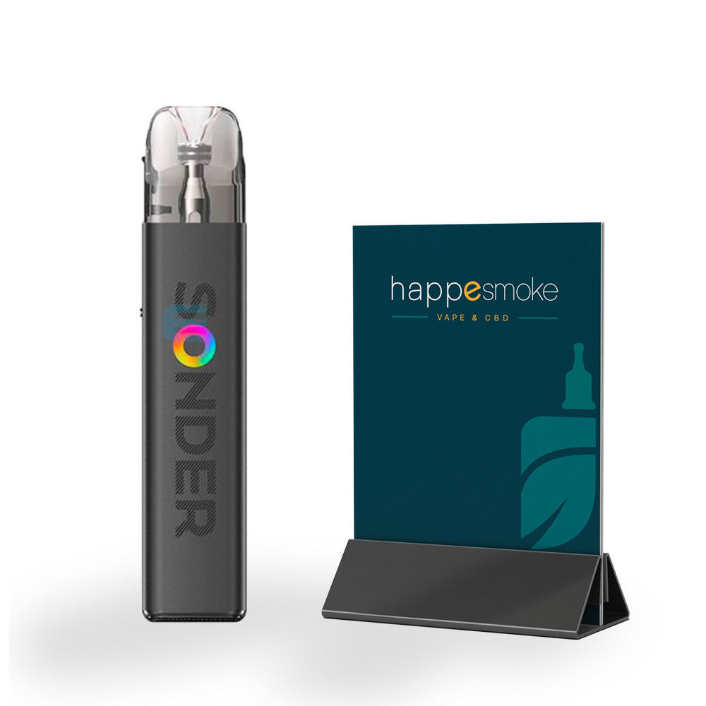Pod sonder Q2 - GeekVape. Pod sonder q2 gris avec support noir et affiche bleue happesmoke