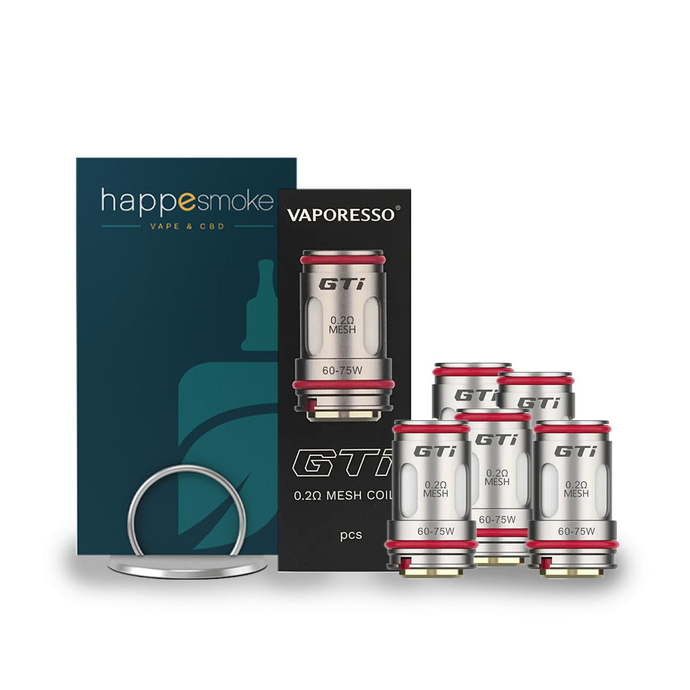 Résistances GTI Mesh - Vaporesso. Résistances GTI Mesh en métal avec anneaux rouges et emballage noir et bleu