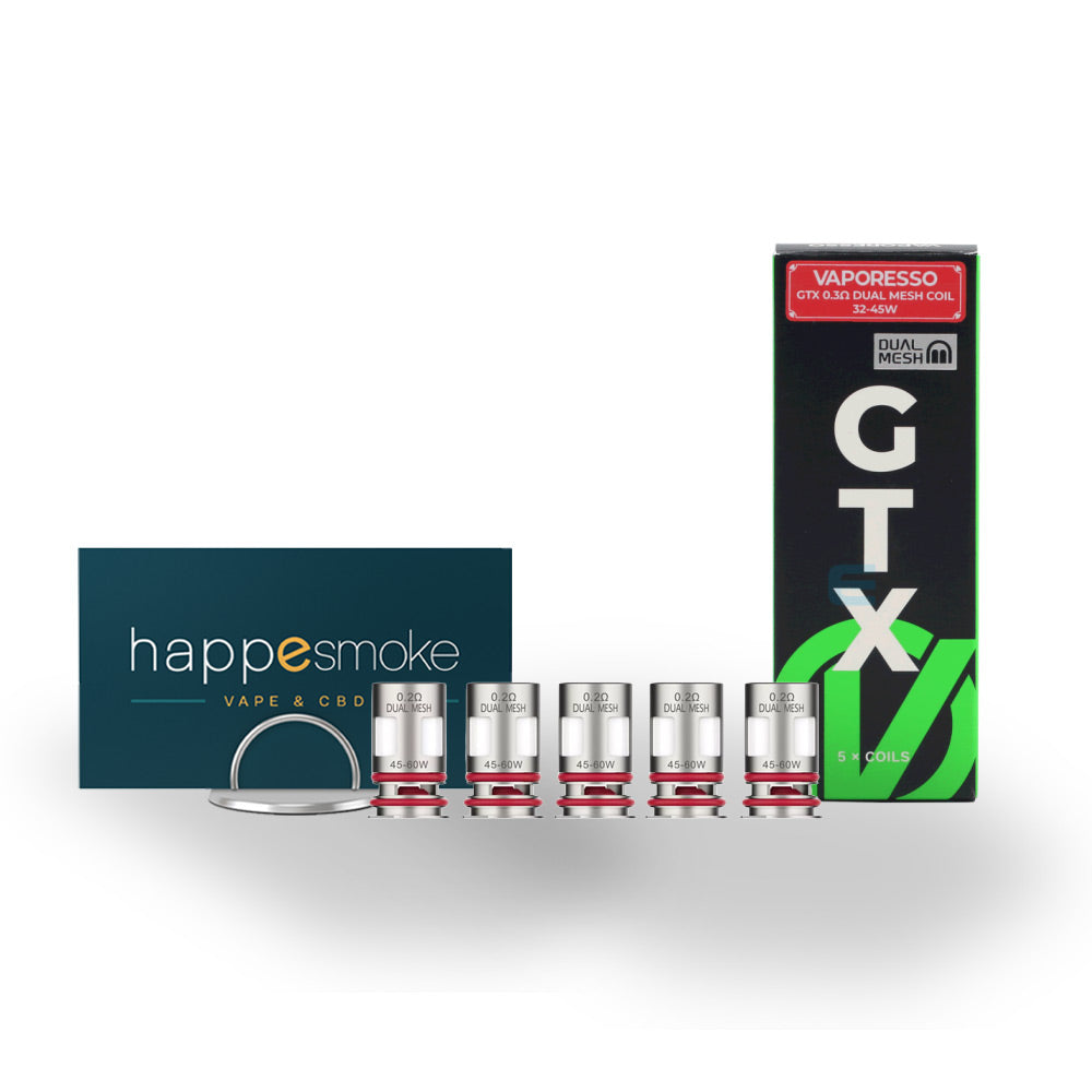Résistances GTX Dual Mesh - Vaporesso. Résistances GTX Dual Mesh avec boîte noire et verte et cinq résistances alignées