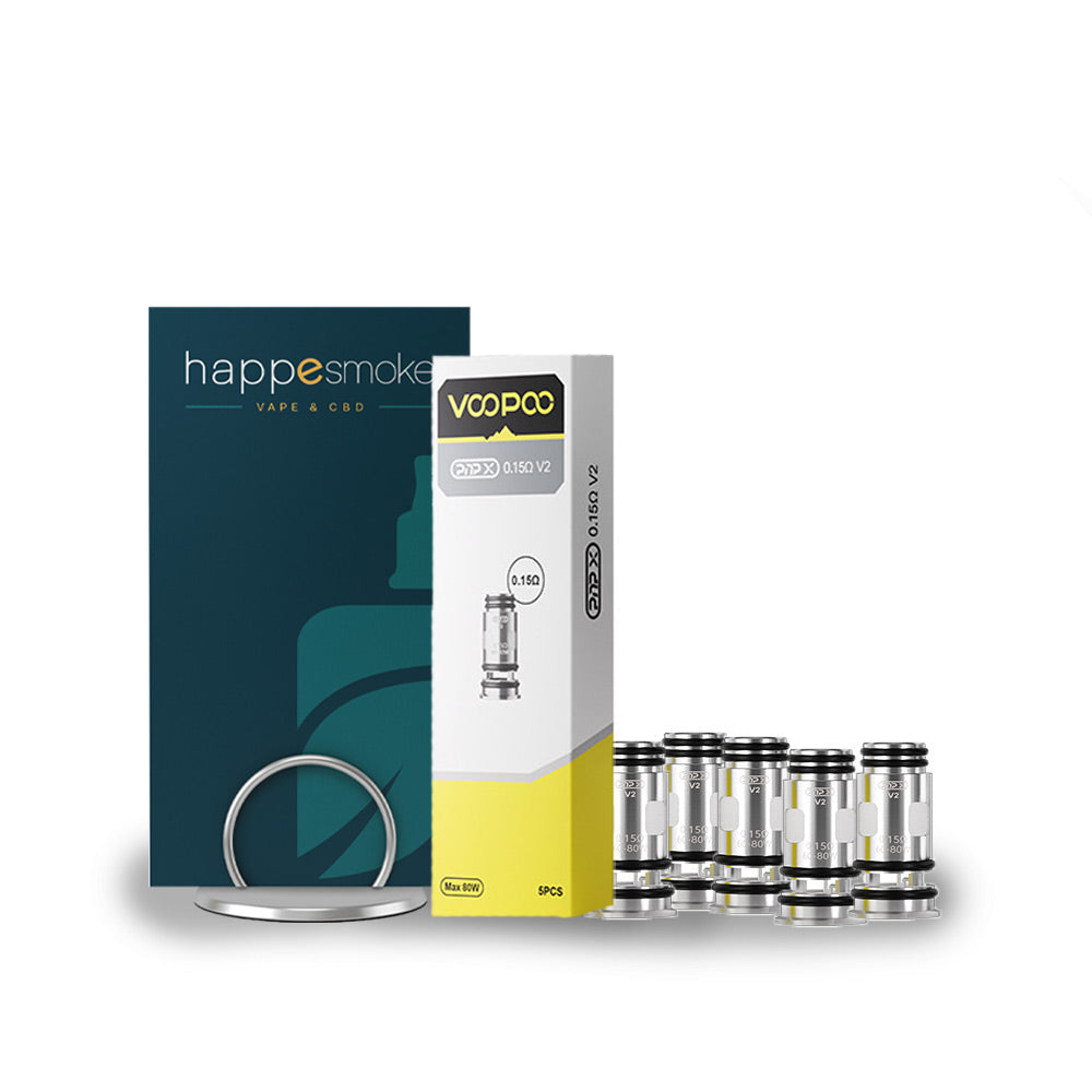 Résistances PNP X V2 - Voopoo. Résistances PNP X V2 avec boîte blanche et jaune et plusieurs résistances métalliques alignées